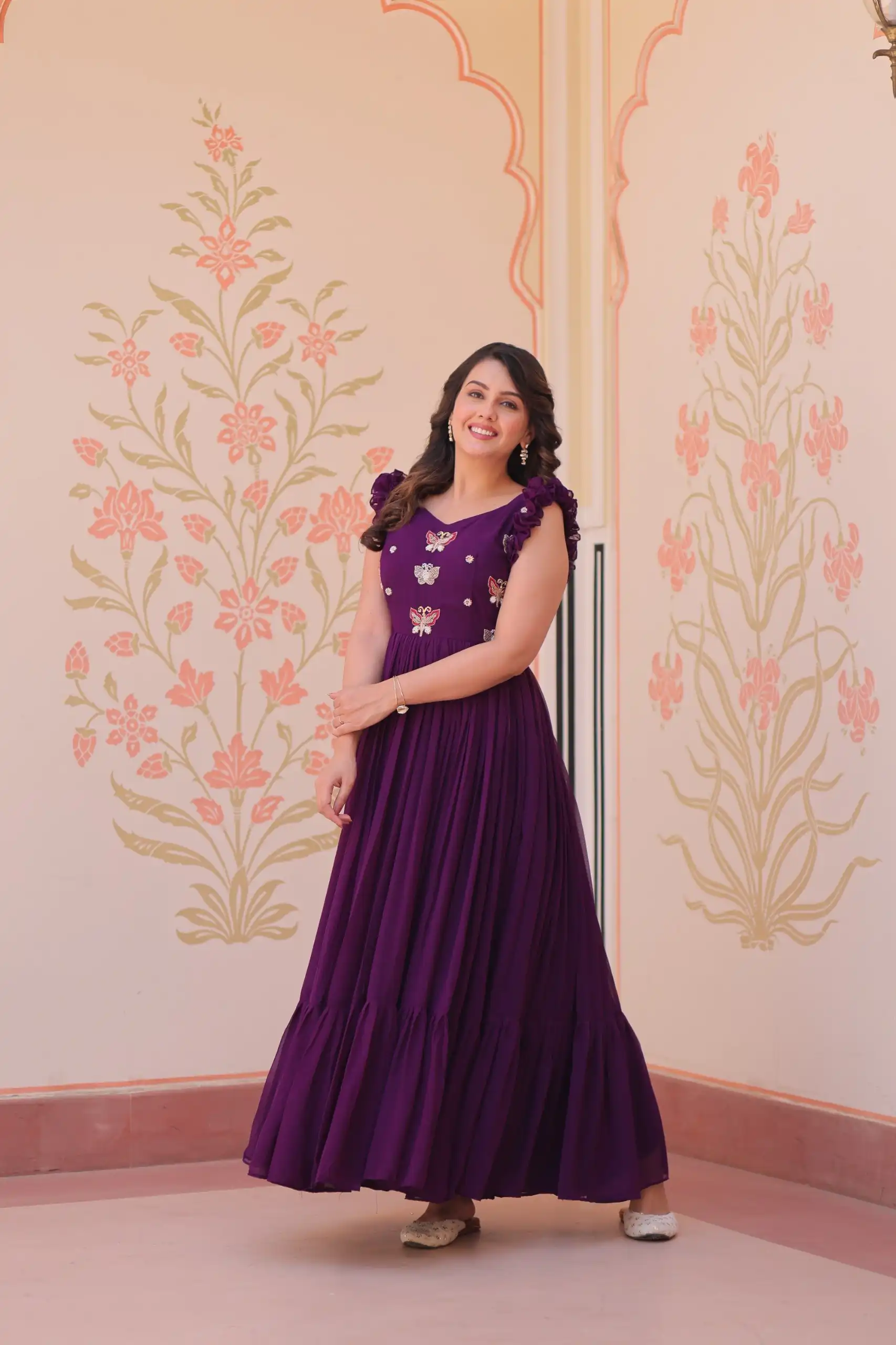KA 1174 Purple Faux Blooming Gown Perfect for Wedding, Party, Housewarming, Baby Shower, Raksha Bandhan – . Now at just ₹1699. Delivery 4-6 Working Dasy | Bollywood Gowns, Creative Gowns, Designer Gowns, Embroidered Gowns, Gowns, Party Wear Gowns