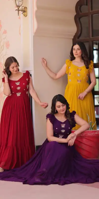 KA 1174 Purple Faux Blooming Gown Perfect for Wedding, Party, Housewarming, Baby Shower, Raksha Bandhan – . Now at just ₹1699. Delivery 4-6 Working Dasy | Bollywood Gowns, Creative Gowns, Designer Gowns, Embroidered Gowns, Gowns, Party Wear Gowns