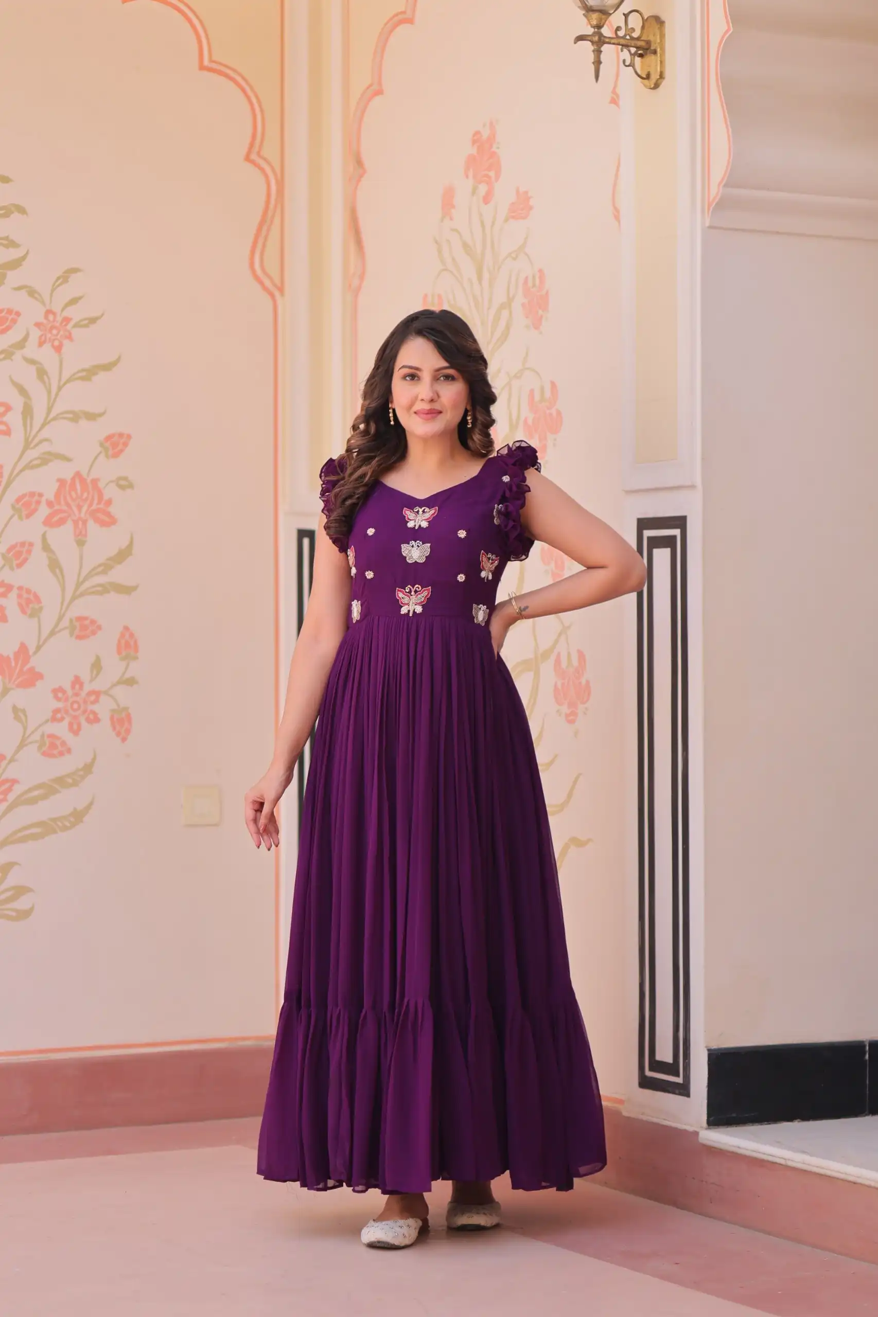 KA 1174 Purple Faux Blooming Gown Perfect for Wedding, Party, Housewarming, Baby Shower, Raksha Bandhan – . Now at just ₹1699. Delivery 4-6 Working Dasy | Bollywood Gowns, Creative Gowns, Designer Gowns, Embroidered Gowns, Gowns, Party Wear Gowns