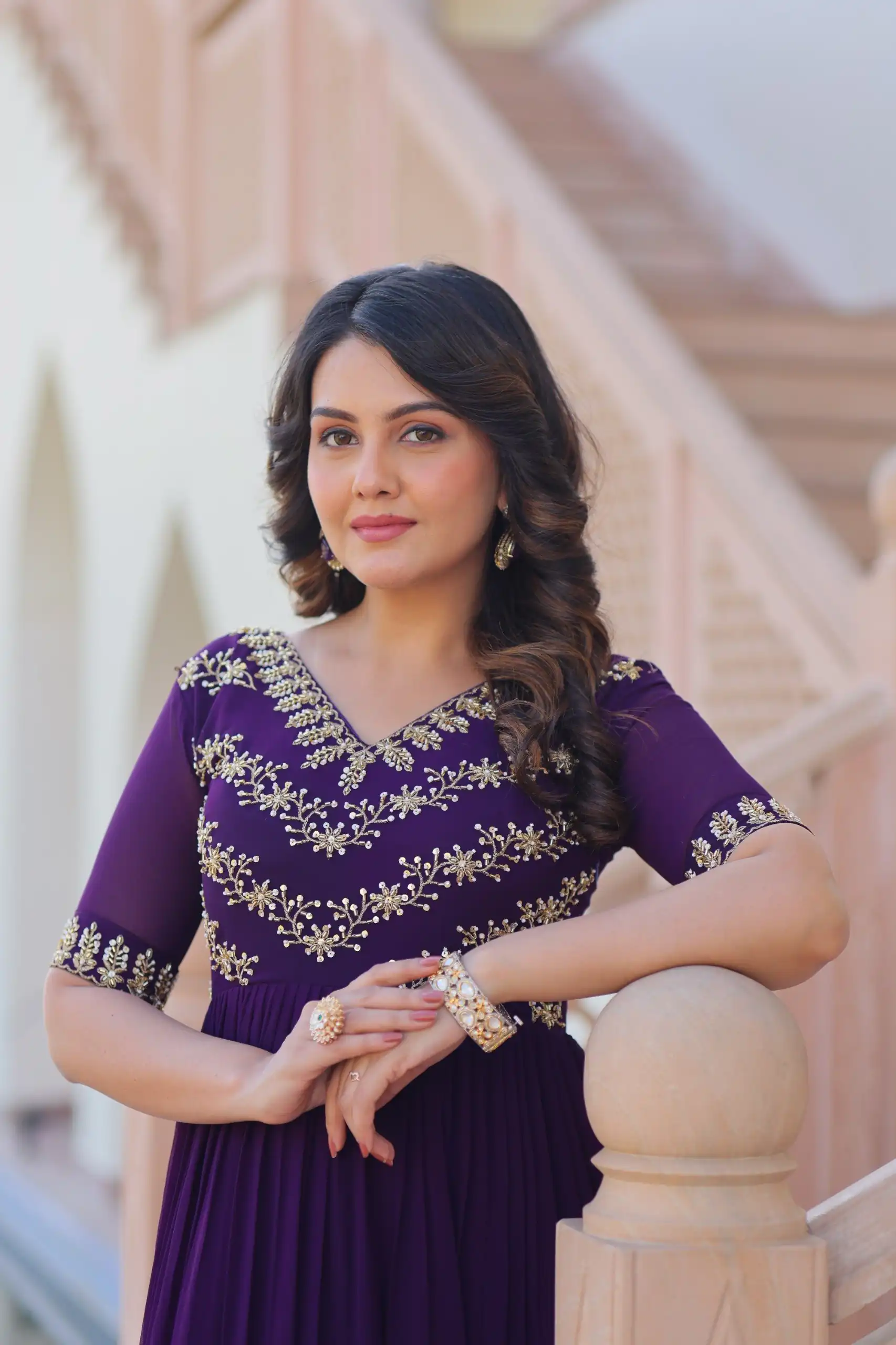 KA 1172 Purple in Faux Blooming Embroidery Work & Sequins Work Gown . Affordable Price ₹1749. Delivery 4-6 Working Days. Shop now. | Bollywood Gowns, Creative Gowns, Designer Gowns, Embroidered Gowns, Gowns, Party Wear Gowns