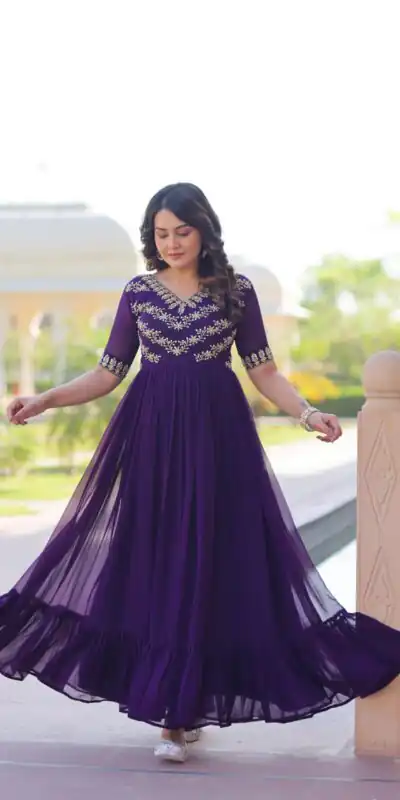 KA 1172 Purple in Faux Blooming Embroidery Work & Sequins Work Gown . Affordable Price ₹1749. Delivery 4-6 Working Days. Shop now. | Bollywood Gowns, Creative Gowns, Designer Gowns, Embroidered Gowns, Gowns, Party Wear Gowns