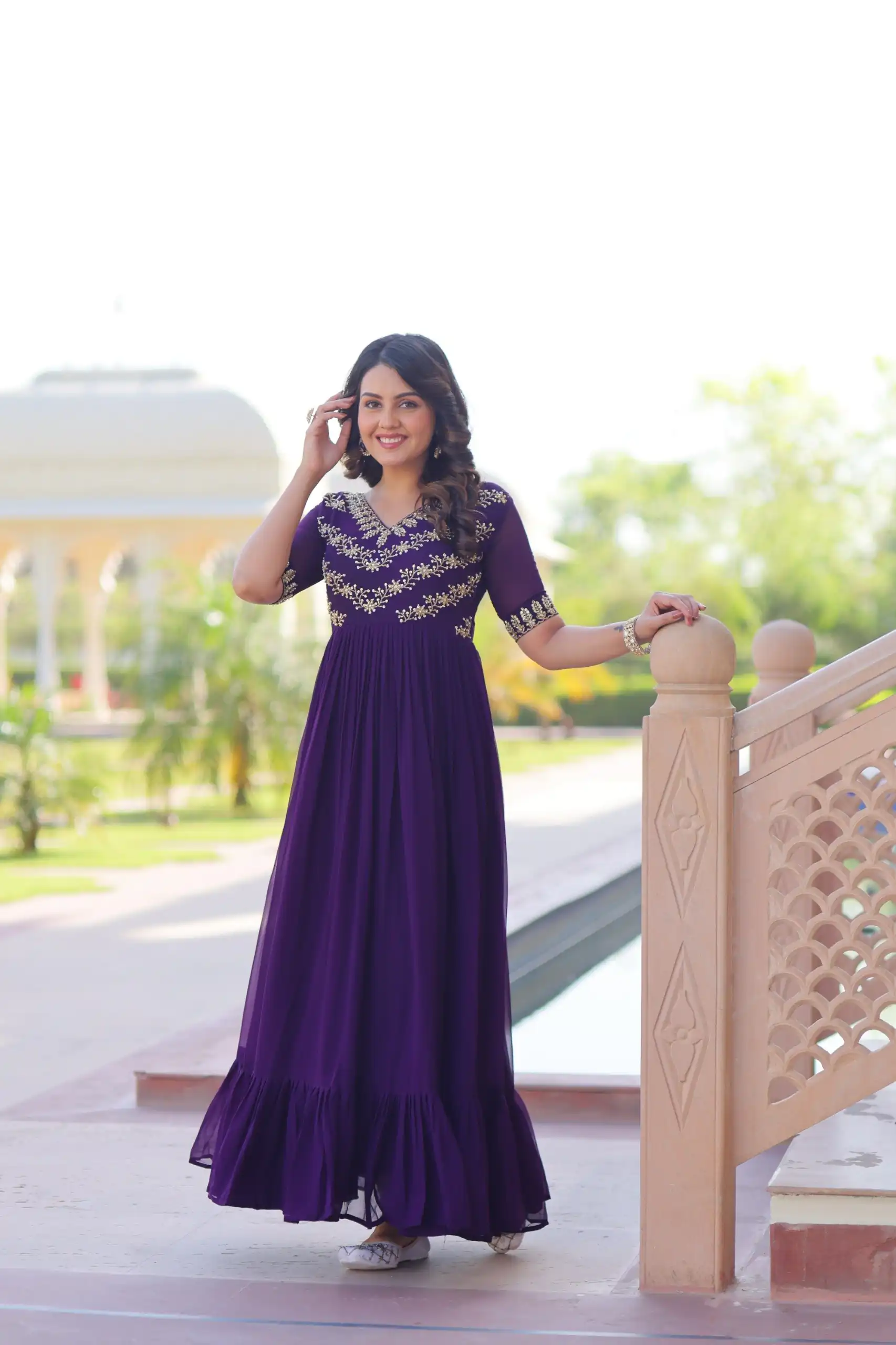 KA 1172 Purple in Faux Blooming Embroidery Work & Sequins Work Gown . Affordable Price ₹1749. Delivery 4-6 Working Days. Shop now. | Bollywood Gowns, Creative Gowns, Designer Gowns, Embroidered Gowns, Gowns, Party Wear Gowns