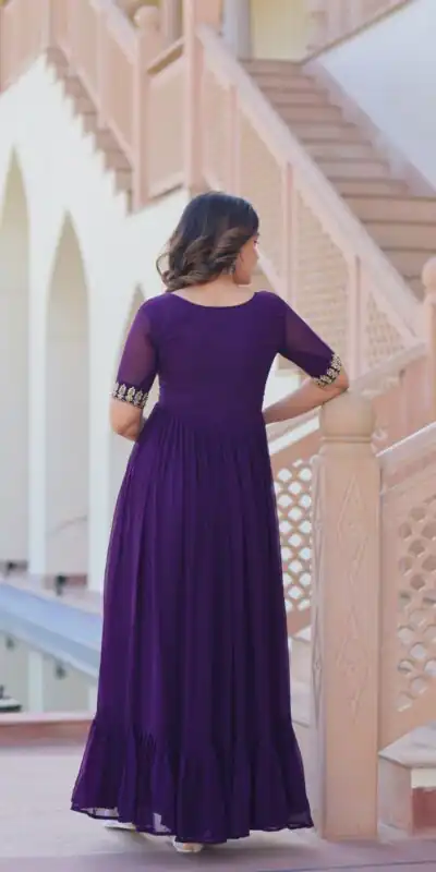KA 1172 Purple in Faux Blooming Embroidery Work & Sequins Work Gown . Affordable Price ₹1749. Delivery 4-6 Working Days. Shop now. | Bollywood Gowns, Creative Gowns, Designer Gowns, Embroidered Gowns, Gowns, Party Wear Gowns