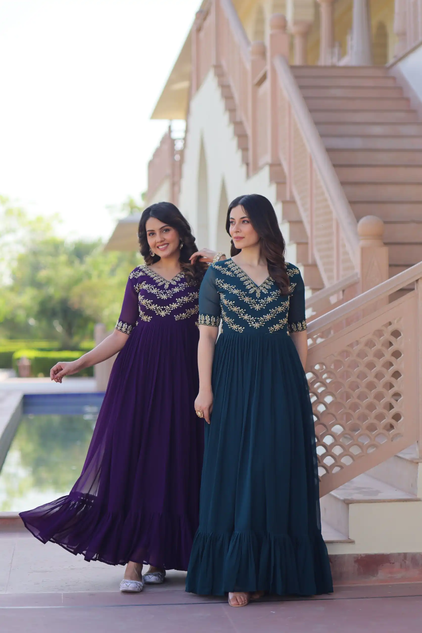 KA 1172 Purple in Faux Blooming Embroidery Work & Sequins Work Gown . Affordable Price ₹1749. Delivery 4-6 Working Days. Shop now. | Bollywood Gowns, Creative Gowns, Designer Gowns, Embroidered Gowns, Gowns, Party Wear Gowns