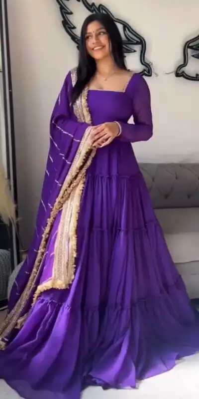 KD 1539 Purple Faux Georgette Ruffle Style Gown. Wedding, Party, Festive, Events Grab it for ₹2099. Delivery 4-6 Working Days. Shop now. | Bollywood Gowns, Creative Gowns, Designer Gowns, Embroidered Gowns, Gowns, Party Wear Gowns