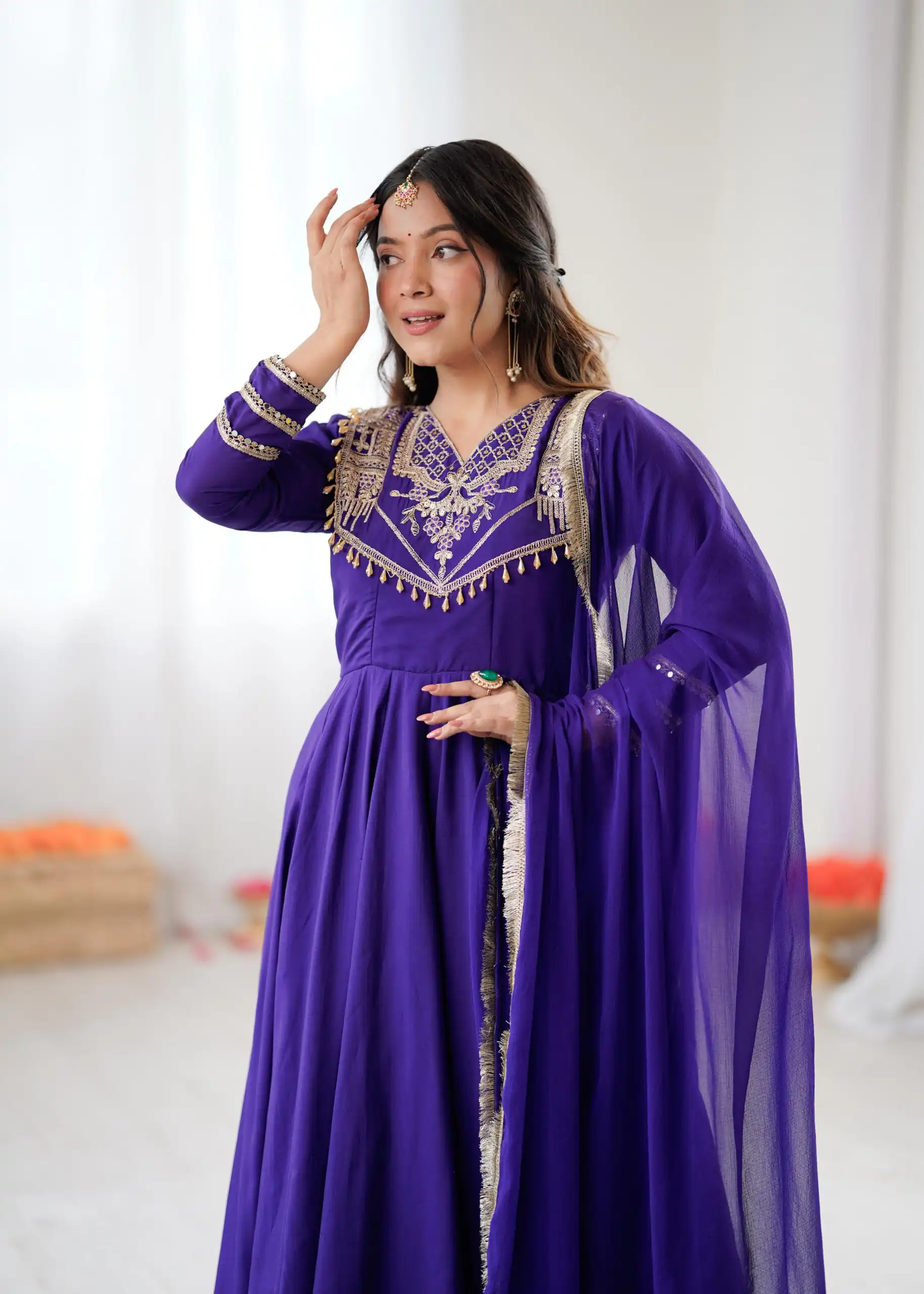 ZSR 3149 Purple Roman silk Gown Perfect for Wedding, Party, Sangeet, Haldi, Lohri – . Introductory Price ₹2099. Delivery 4-6 Working Days. Shop now. | Bollywood Gowns, Creative Gowns, Designer Gowns, Embroidered Gowns, Gowns, Party Wear Gowns