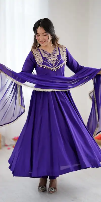 ZSR 3149 Purple Roman silk Gown Perfect for Wedding, Party, Sangeet, Haldi, Lohri – . Introductory Price ₹2099. Delivery 4-6 Working Days. Shop now. | Bollywood Gowns, Creative Gowns, Designer Gowns, Embroidered Gowns, Gowns, Party Wear Gowns