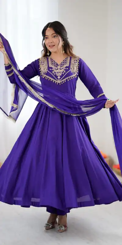 ZSR 3149 Purple Roman silk Gown Perfect for Wedding, Party, Sangeet, Haldi, Lohri – . Introductory Price ₹2099. Delivery 4-6 Working Days. Shop now. | Bollywood Gowns, Creative Gowns, Designer Gowns, Embroidered Gowns, Gowns, Party Wear Gowns