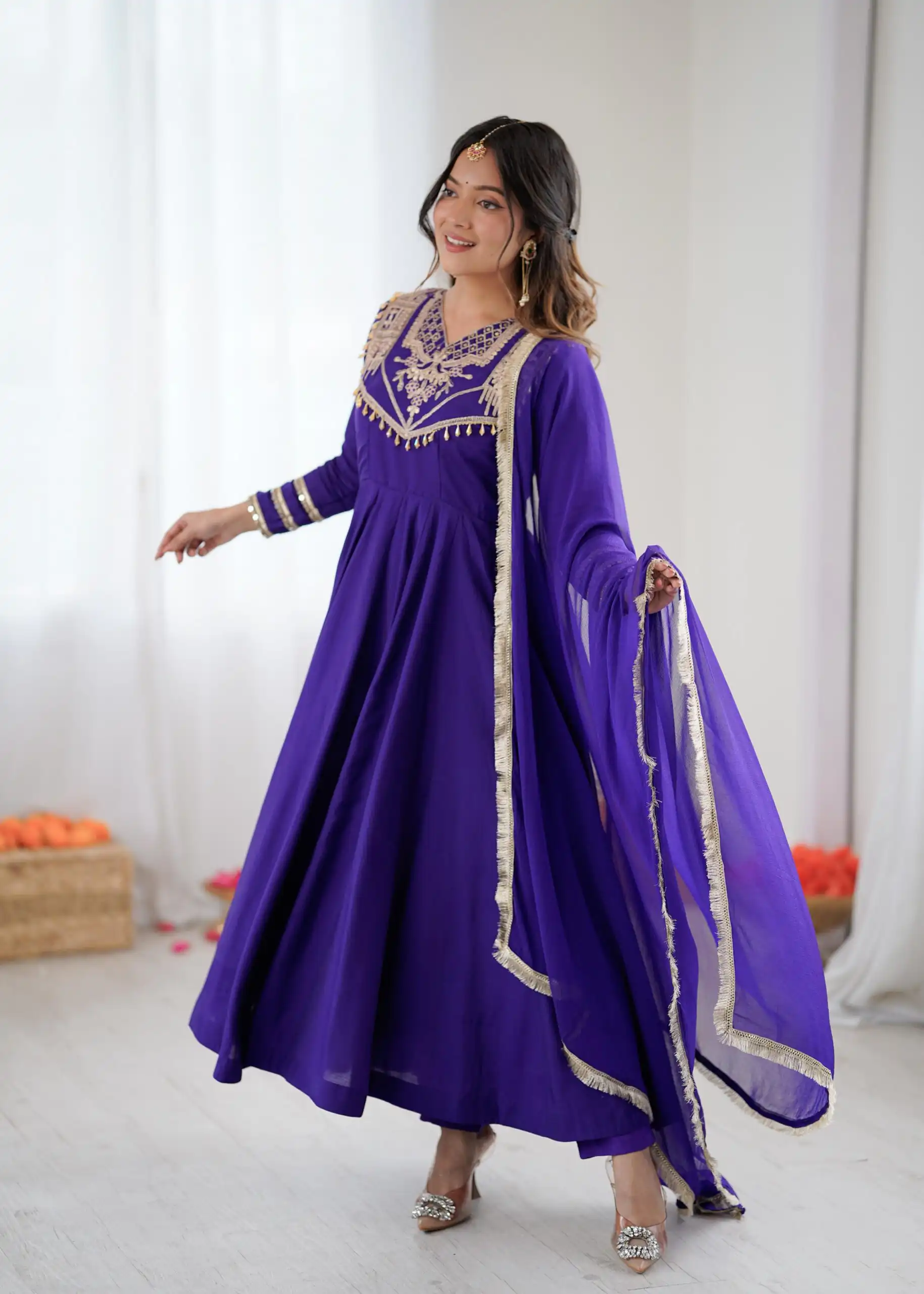 ZSR 3149 Purple Roman silk Gown Perfect for Wedding, Party, Sangeet, Haldi, Lohri – . Introductory Price ₹2099. Delivery 4-6 Working Days. Shop now. | Bollywood Gowns, Creative Gowns, Designer Gowns, Embroidered Gowns, Gowns, Party Wear Gowns