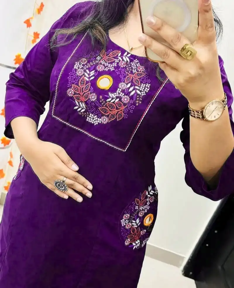 MF 1114 Purple Soft Cotton Slub Kurti with Embroidery Work. Wedding, Party, Festive, Events, Grab it for ₹1549. Delivery 4-6 Working Days. Shop now. | Bollywood Kurti, Creative Kurtis, Designer Kurti, Kurti, Party Wear Kurti, Selfie Kurti