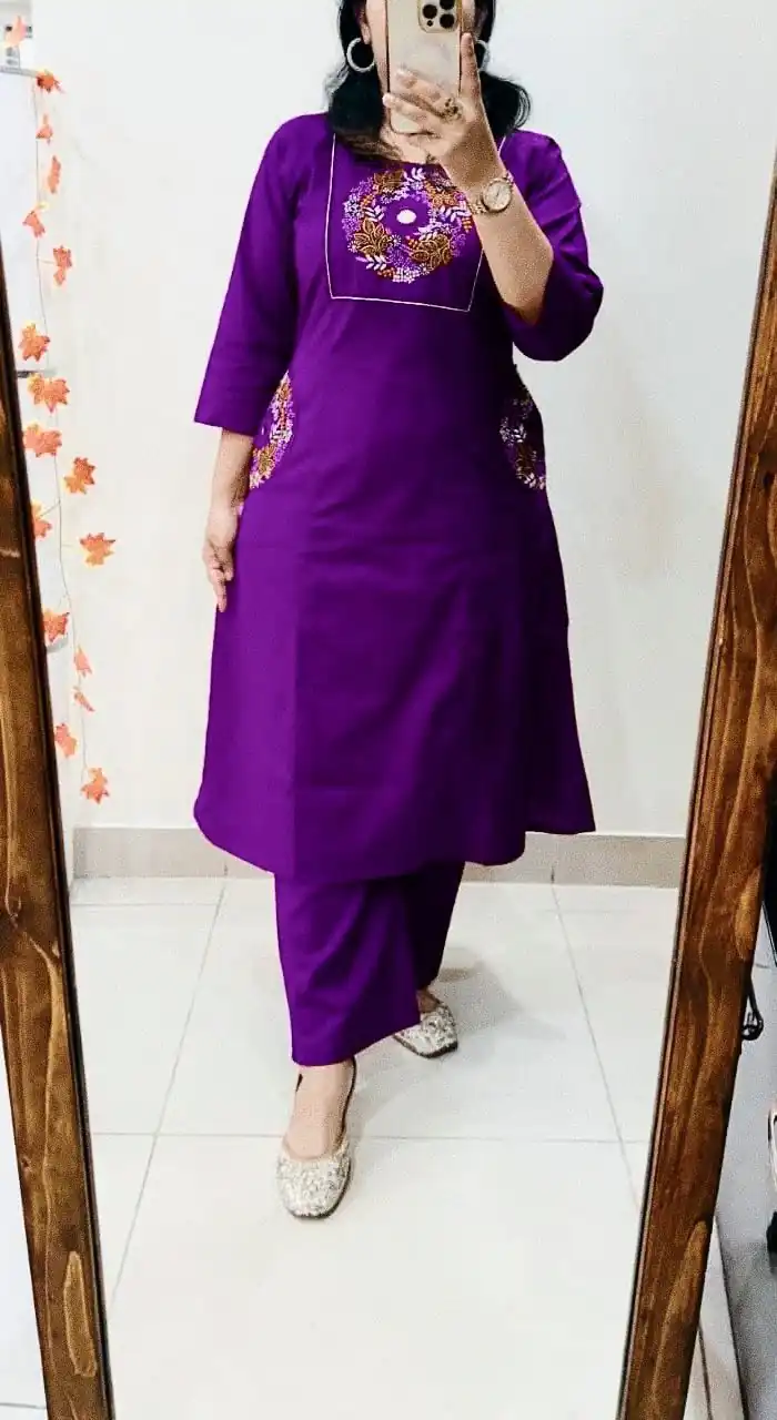 MF 1114 Purple Soft Cotton Slub Kurti with Embroidery Work. Wedding, Party, Festive, Events, Grab it for ₹1549. Delivery 4-6 Working Days. Shop now. | Bollywood Kurti, Creative Kurtis, Designer Kurti, Kurti, Party Wear Kurti, Selfie Kurti