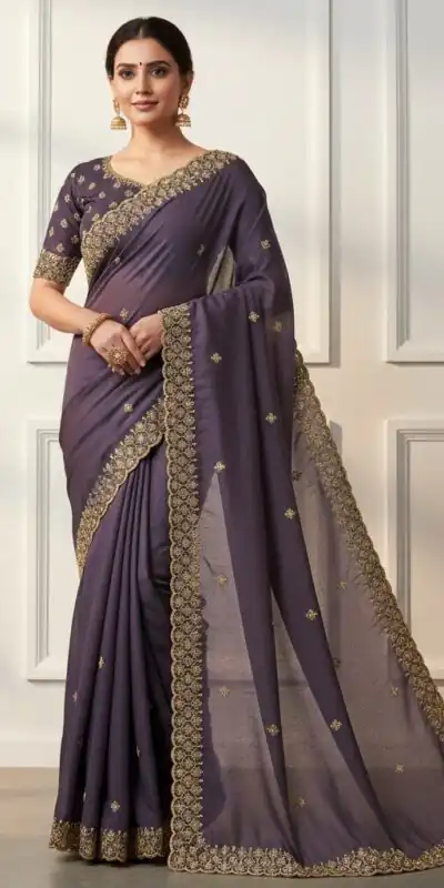JR 659 Purple in Color Star Georgette Embroidery Work Saree . Available at ₹1799 only. Delivery 4-6 Working Days. Shop now. | Creative Sarees, Embroidered Sarees, Bollywood Sarees, Designer Sarees, Ethnic Saree, Modern Digital sarees, Party Wear Sarees, Sarees