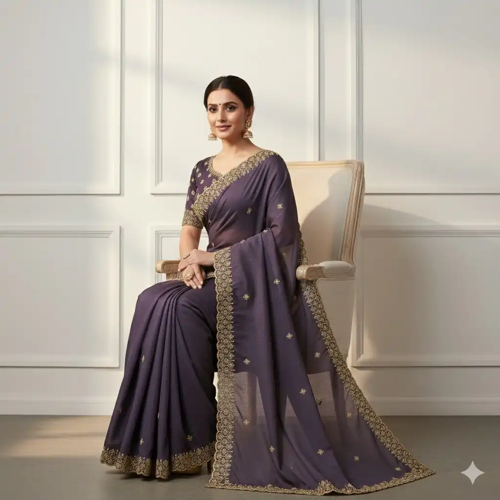 JR 659 Purple in Color Star Georgette Embroidery Work Saree . Available at ₹1799 only. Delivery 4-6 Working Days. Shop now. | Creative Sarees, Embroidered Sarees, Bollywood Sarees, Designer Sarees, Ethnic Saree, Modern Digital sarees, Party Wear Sarees, Sarees