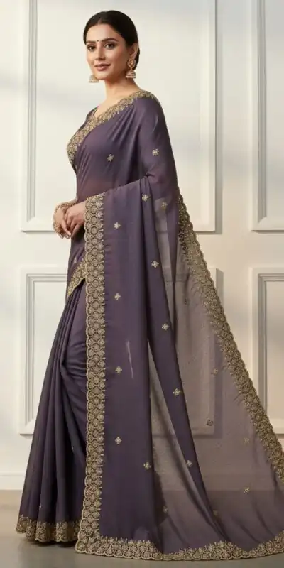 JR 659 Purple in Color Star Georgette Embroidery Work Saree . Available at ₹1799 only. Delivery 4-6 Working Days. Shop now. | Creative Sarees, Embroidered Sarees, Bollywood Sarees, Designer Sarees, Ethnic Saree, Modern Digital sarees, Party Wear Sarees, Sarees