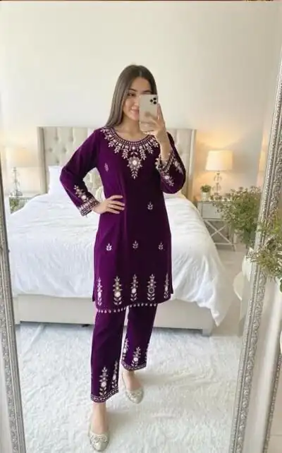 BE 423 Purple Velvet Salwar Suit with Embroidery Work & Mirror Work. Now at just ₹1849. Delivery 4-6 Working Days. Shop now. | Casual Suits, Jump Suits, Tops & Bottoms, Track Suits, Trendy Wear, Creative suits, Designer Suits, Palazzo Suits, Party Wear Suits, Patiala Suits, Salwar suit, Straight Suits