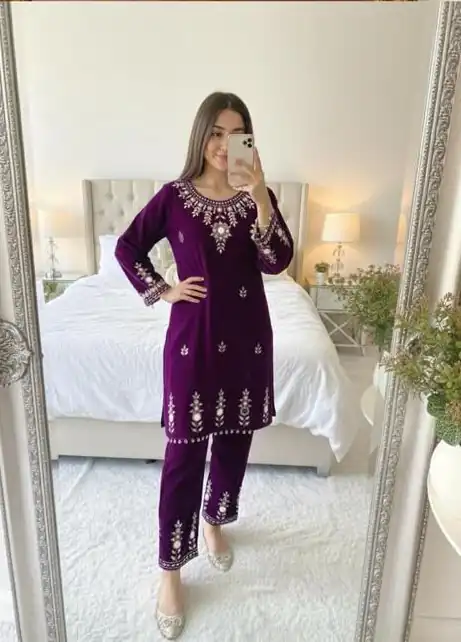 BE 423 Purple Velvet Salwar Suit with Embroidery Work & Mirror Work. Now at just ₹1849. Delivery 4-6 Working Days. Shop now. | Casual Suits, Jump Suits, Tops & Bottoms, Track Suits, Trendy Wear, Creative suits, Designer Suits, Palazzo Suits, Party Wear Suits, Patiala Suits, Salwar suit, Straight Suits