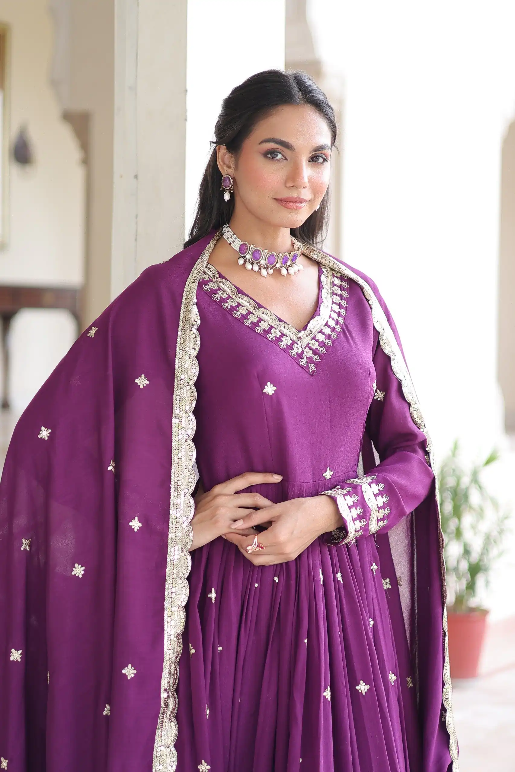 KA 1214 Purple Vichitra Silk Gown Perfect for Wedding, Party, Lohri, Onam, Festival Celebrations – . Grab it for ₹2449. Delivery 4-6 Working Days. | Bollywood Gowns, Creative Gowns, Designer Gowns, Embroidered Gowns, Gowns, Party Wear Gowns
