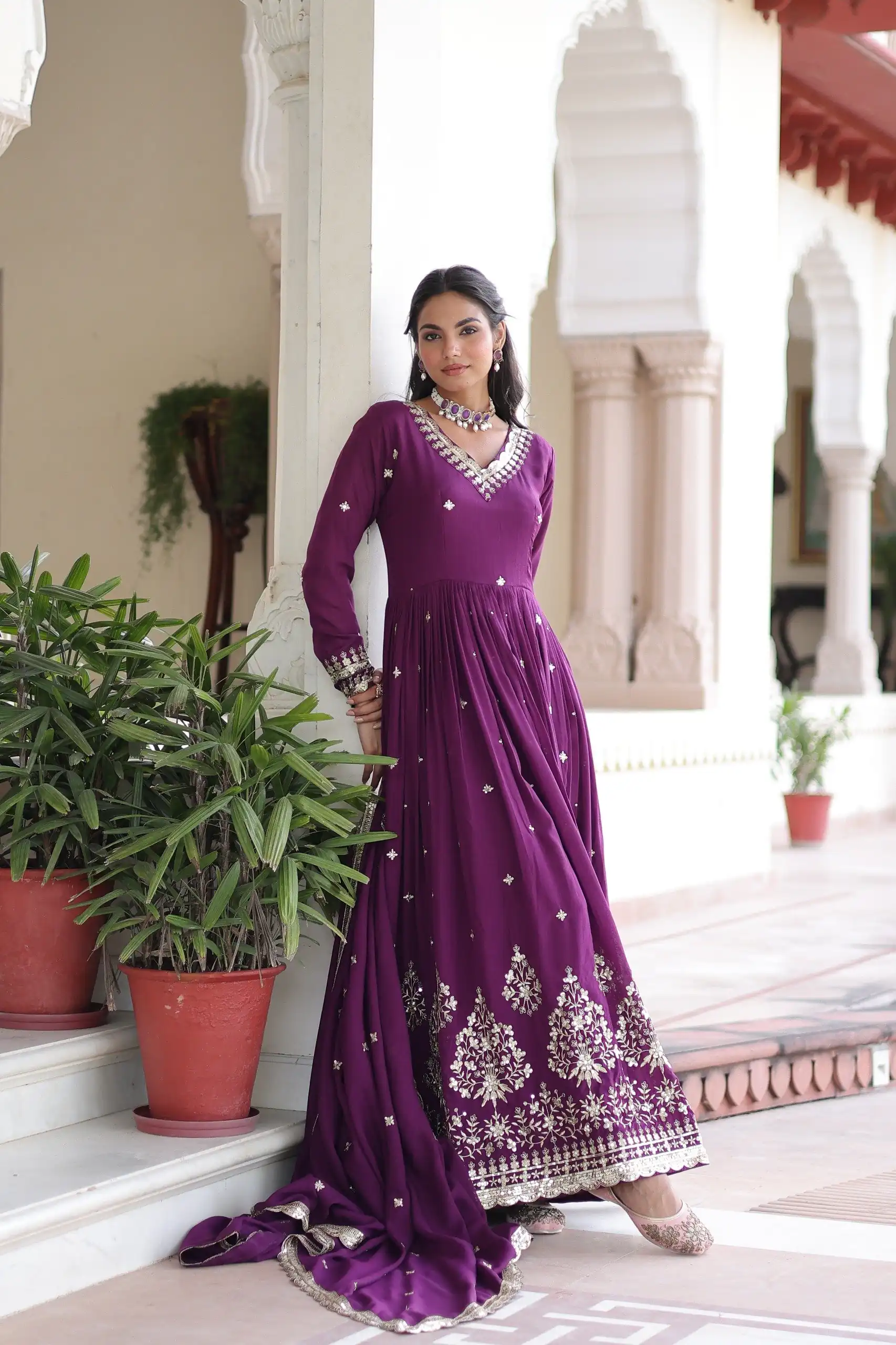 KA 1214 Purple Vichitra Silk Gown Perfect for Wedding, Party, Lohri, Onam, Festival Celebrations – . Grab it for ₹2449. Delivery 4-6 Working Days. | Bollywood Gowns, Creative Gowns, Designer Gowns, Embroidered Gowns, Gowns, Party Wear Gowns