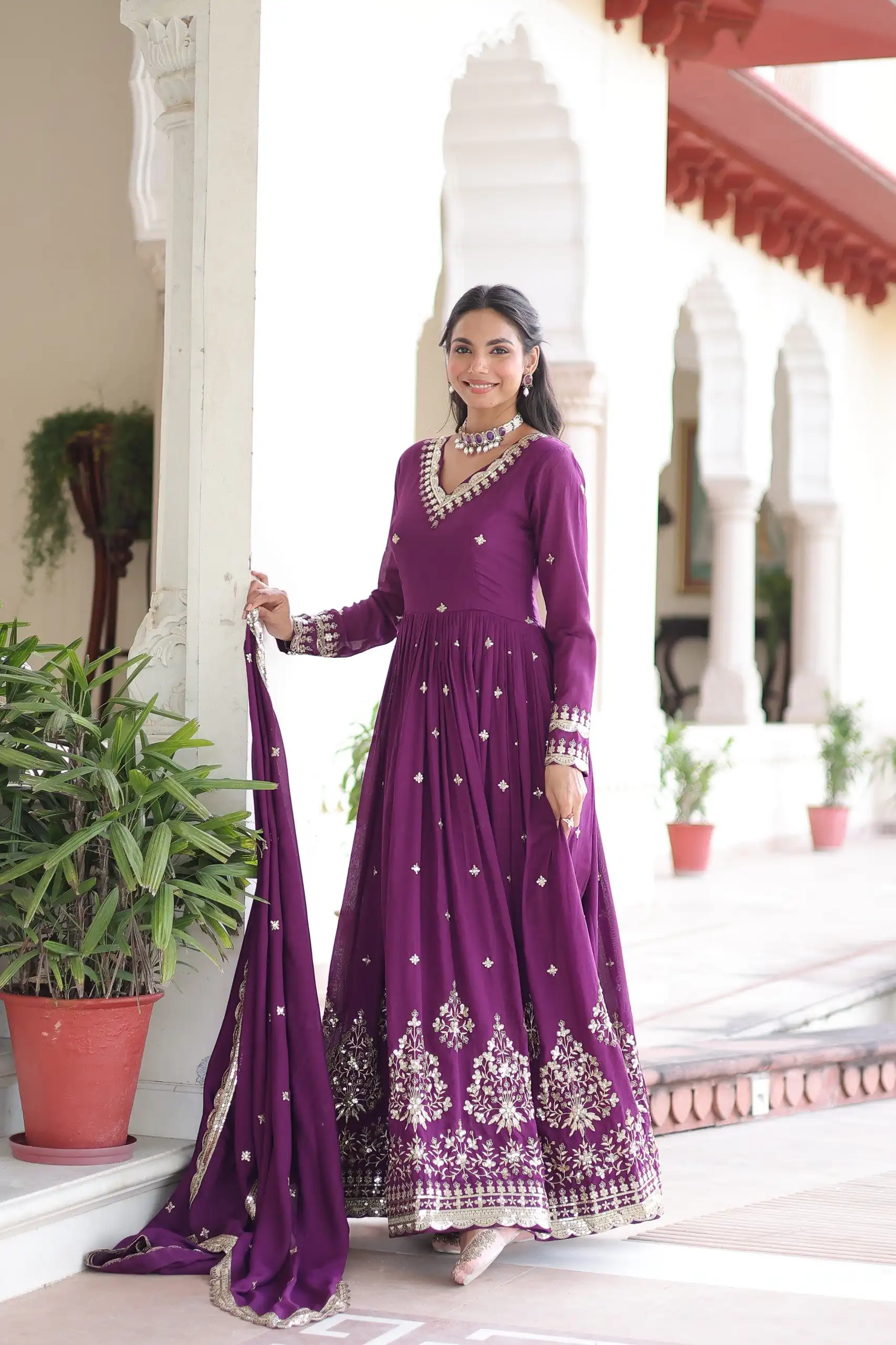 KA 1214 Purple Vichitra Silk Gown Perfect for Wedding, Party, Lohri, Onam, Festival Celebrations – . Grab it for ₹2449. Delivery 4-6 Working Days. | Bollywood Gowns, Creative Gowns, Designer Gowns, Embroidered Gowns, Gowns, Party Wear Gowns