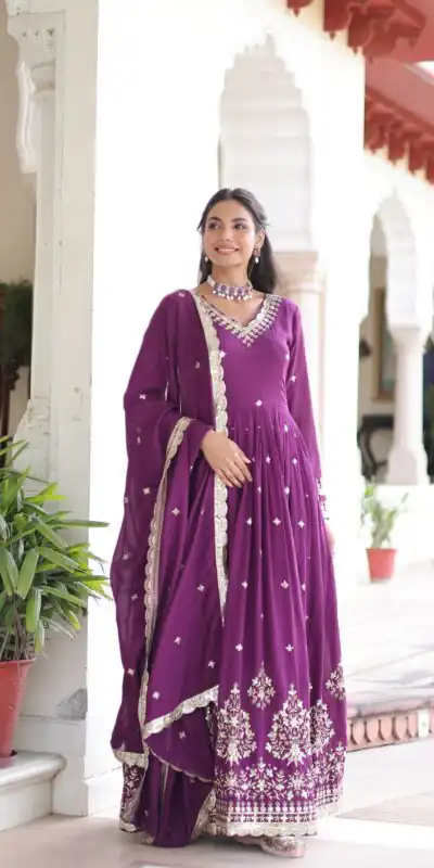 KA 1214 Purple Vichitra Silk Gown Perfect for Wedding, Party, Lohri, Onam, Festival Celebrations – . Grab it for ₹2449. Delivery 4-6 Working Days. | Bollywood Gowns, Creative Gowns, Designer Gowns, Embroidered Gowns, Gowns, Party Wear Gowns