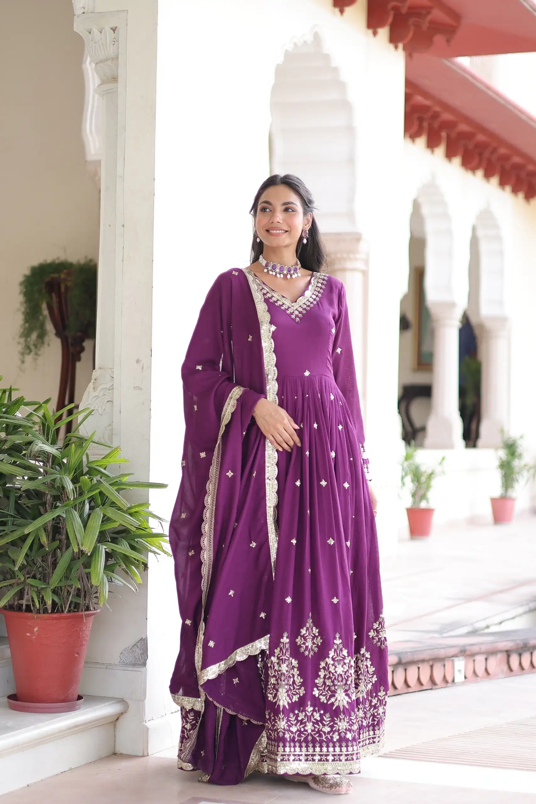KA 1214 Purple Vichitra Silk Gown Perfect for Wedding, Party, Lohri, Onam, Festival Celebrations – . Grab it for ₹2449. Delivery 4-6 Working Days. | Bollywood Gowns, Creative Gowns, Designer Gowns, Embroidered Gowns, Gowns, Party Wear Gowns