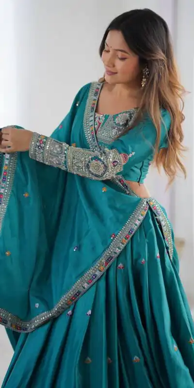 MF TAJ 1003 Rama in Color Chinon Silk Embroidery Work Lehenga Choli . Get it for ₹1949. Delivery 4-6 Working Days. Shop now. | Bollywood Lehenga, Creative Lehenga, Designer Lehenga, Embroidered Lehenga, Lehenga, Party Wear Lehenga