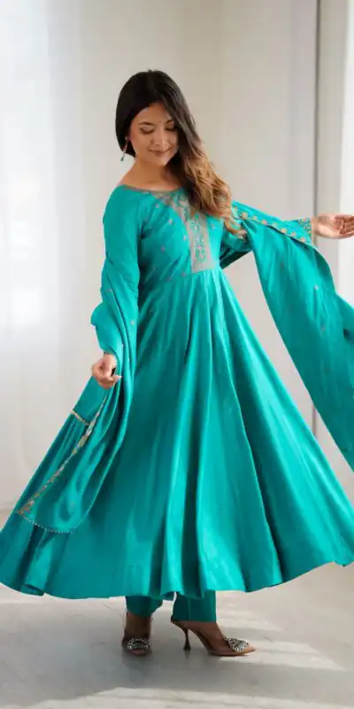 KB 288 Rama in Roman Shimmer Chanderi Silk Embroidery Work & Bead Work Salwar Suit . Grab it for ₹2399. Delivery 4-6 Working Days. Shop now. | Casual Suits, Jump Suits, Tops & Bottoms, Track Suits, Trendy Wear, Creative suits, Designer Suits, Palazzo Suits, Party Wear Suits, Patiala Suits, Salwar suit, Straight Suits