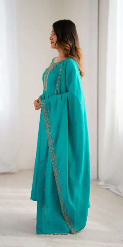 KB 288 Rama in Roman Shimmer Chanderi Silk Embroidery Work & Bead Work Salwar Suit . Grab it for ₹2399. Delivery 4-6 Working Days. Shop now. | Casual Suits, Jump Suits, Tops & Bottoms, Track Suits, Trendy Wear, Creative suits, Designer Suits, Palazzo Suits, Party Wear Suits, Patiala Suits, Salwar suit, Straight Suits