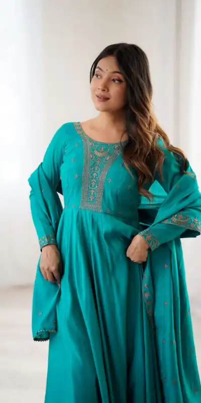 KB 288 Rama in Roman Shimmer Chanderi Silk Embroidery Work & Bead Work Salwar Suit . Grab it for ₹2399. Delivery 4-6 Working Days. Shop now. | Casual Suits, Jump Suits, Tops & Bottoms, Track Suits, Trendy Wear, Creative suits, Designer Suits, Palazzo Suits, Party Wear Suits, Patiala Suits, Salwar suit, Straight Suits