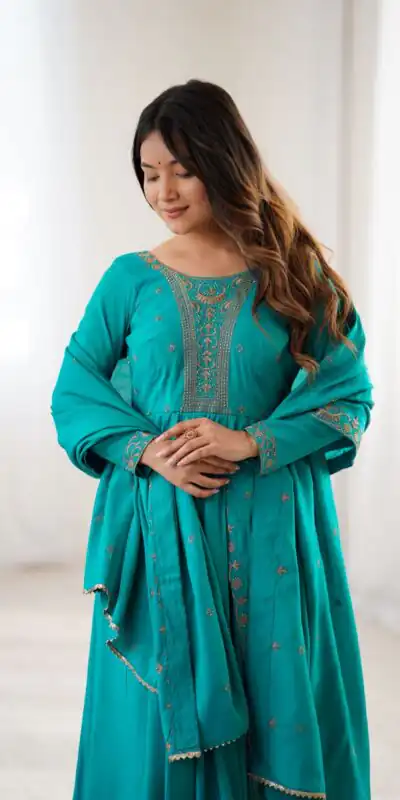 KB 288 Rama in Roman Shimmer Chanderi Silk Embroidery Work & Bead Work Salwar Suit . Grab it for ₹2399. Delivery 4-6 Working Days. Shop now. | Casual Suits, Jump Suits, Tops & Bottoms, Track Suits, Trendy Wear, Creative suits, Designer Suits, Palazzo Suits, Party Wear Suits, Patiala Suits, Salwar suit, Straight Suits