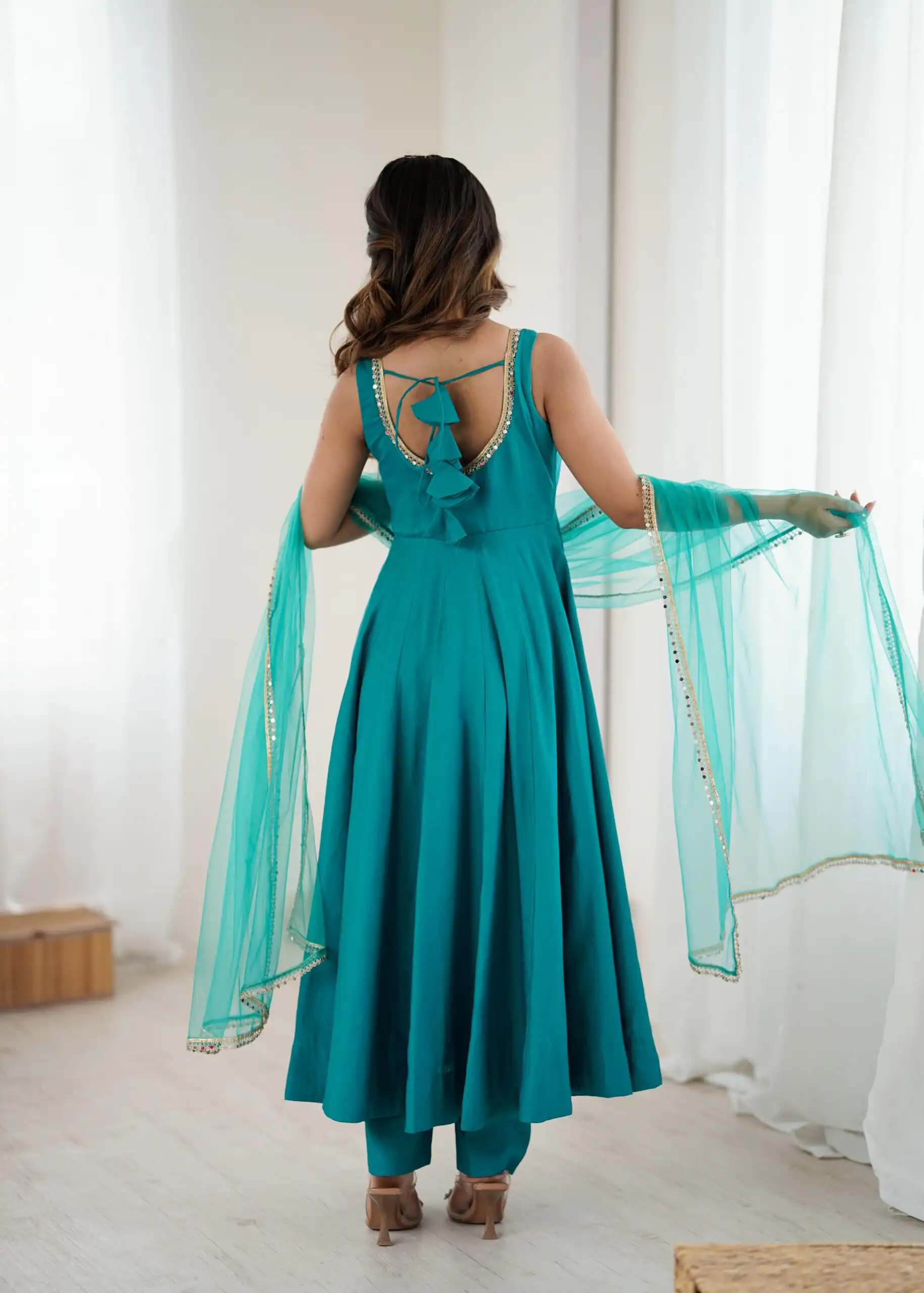 KB 285 Rama Color in Roman Silk Chanderi Mirror Work & Lace Work Gown . Best Price ₹1929. Delivery 4-6 Working Days. Shop now. | Bollywood Gowns, Creative Gowns, Designer Gowns, Embroidered Gowns, Gowns, Party Wear Gowns