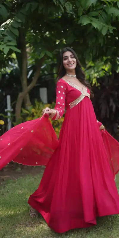 KA 1067 Rani Pink Faux Blooming Gown Perfect for Wedding, Party, Haldi, Raksha Bandhan, Traditional Day – . Exclusive Offer ₹1849. Delivery 4-6 Working Da | Bollywood Gowns, Creative Gowns, Designer Gowns, Embroidered Gowns, Gowns, Party Wear Gowns