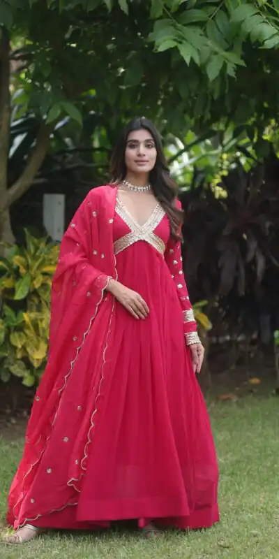 KA 1067 Rani Pink Faux Blooming Gown Perfect for Wedding, Party, Haldi, Raksha Bandhan, Traditional Day – . Exclusive Offer ₹1849. Delivery 4-6 Working Da | Bollywood Gowns, Creative Gowns, Designer Gowns, Embroidered Gowns, Gowns, Party Wear Gowns