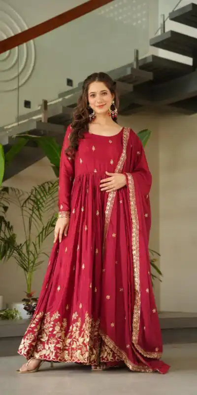 KA 1166 Red Color Chinnon Gown with Zari Work & Embroidery Work. Available at ₹2099 only. Delivery 4-6 Working Days. Shop now. | Bollywood Gowns, Creative Gowns, Designer Gowns, Embroidered Gowns, Gowns, Party Wear Gowns