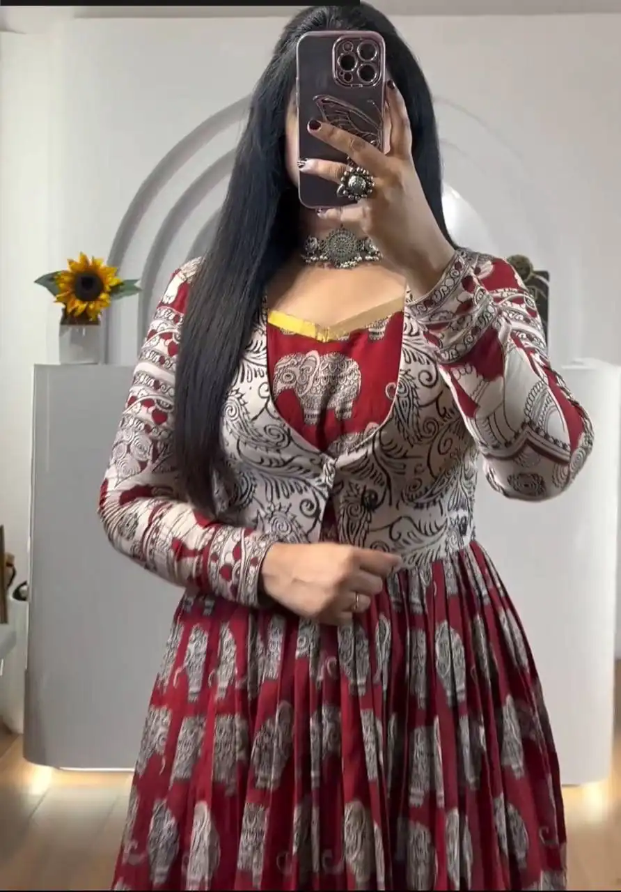 PC 423 Red in Cotton Kalamkari Print Gown . Wedding, Party, Festive, Events, Now at just ₹1879. Delivery 4-6 Working Days. Shop now. | Bollywood Gowns, Creative Gowns, Designer Gowns, Embroidered Gowns, Gowns, Party Wear Gowns