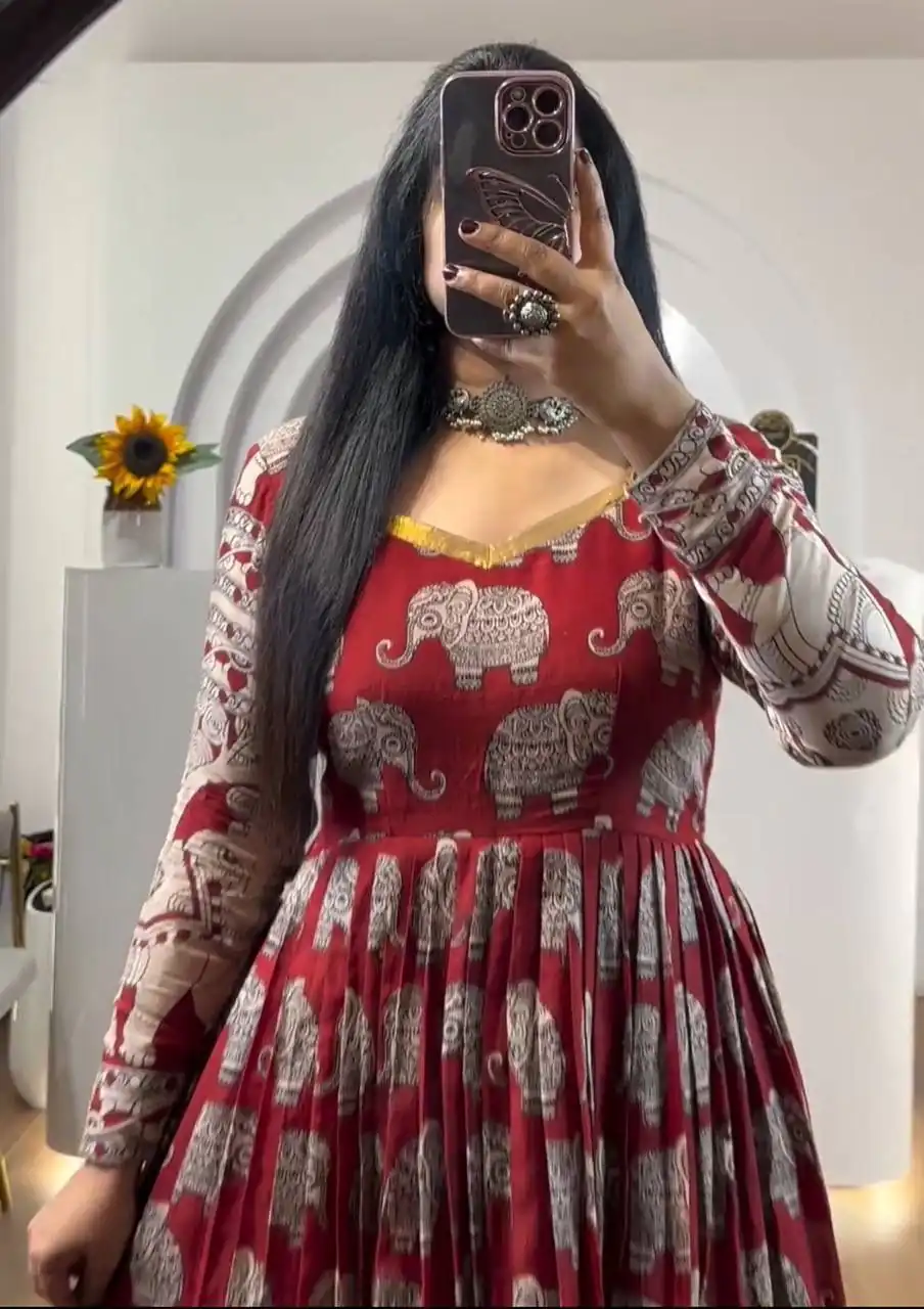 PC 423 Red in Cotton Kalamkari Print Gown . Wedding, Party, Festive, Events, Now at just ₹1879. Delivery 4-6 Working Days. Shop now. | Bollywood Gowns, Creative Gowns, Designer Gowns, Embroidered Gowns, Gowns, Party Wear Gowns