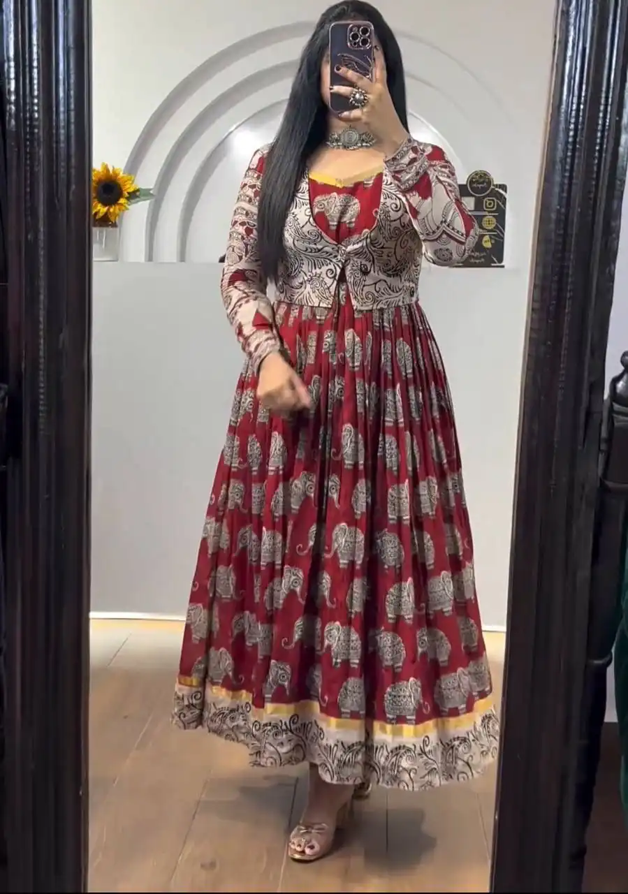 PC 423 Red in Cotton Kalamkari Print Gown . Wedding, Party, Festive, Events, Now at just ₹1879. Delivery 4-6 Working Days. Shop now. | Bollywood Gowns, Creative Gowns, Designer Gowns, Embroidered Gowns, Gowns, Party Wear Gowns