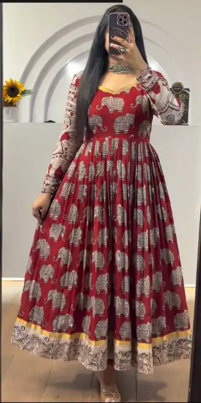 PC 423 Red in Cotton Kalamkari Print Gown . Wedding, Party, Festive, Events, Now at just ₹1879. Delivery 4-6 Working Days. Shop now. | Bollywood Gowns, Creative Gowns, Designer Gowns, Embroidered Gowns, Gowns, Party Wear Gowns