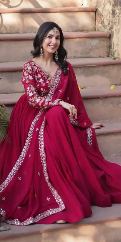 KA 1147 Red in Color Faux Blooming Embroidery Work & Zari Work Gown . Grab it for ₹2049. Delivery 4-6 Working Days. Shop now. | Bollywood Gowns, Creative Gowns, Designer Gowns, Embroidered Gowns, Gowns, Party Wear Gowns