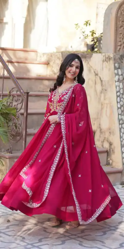 KA 1147 Red in Color Faux Blooming Embroidery Work & Zari Work Gown . Grab it for ₹2049. Delivery 4-6 Working Days. Shop now. | Bollywood Gowns, Creative Gowns, Designer Gowns, Embroidered Gowns, Gowns, Party Wear Gowns