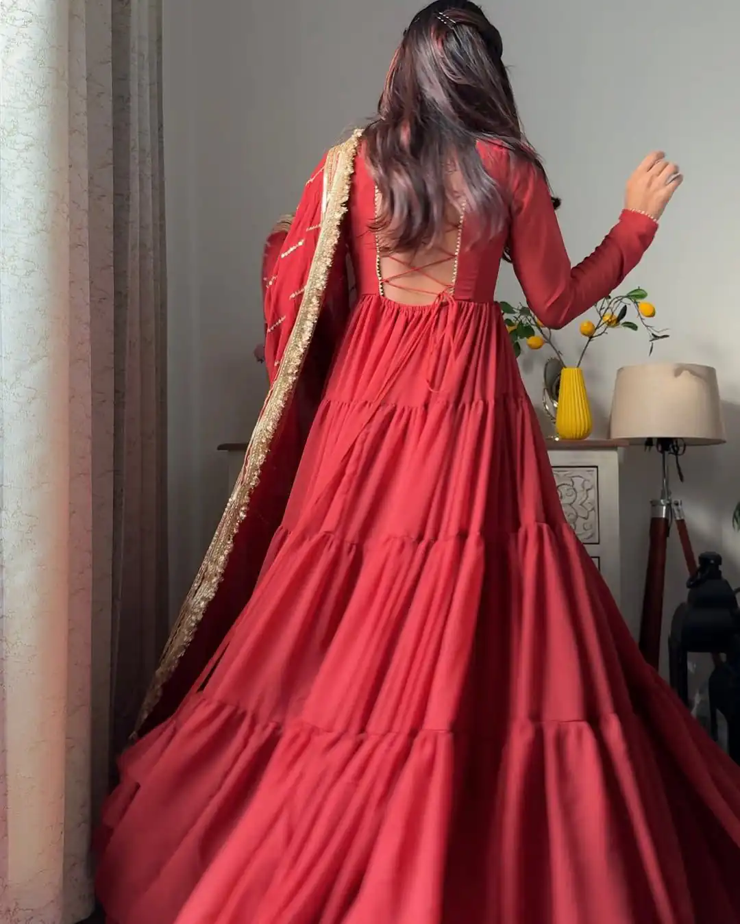 KD 1539 Red Faux Georgette Ruffle Style Gown. Wedding, Party, Festive, Events Grab it for ₹2099. Delivery 4-6 Working Days. Shop now. | Bollywood Gowns, Creative Gowns, Designer Gowns, Embroidered Gowns, Gowns, Party Wear Gowns