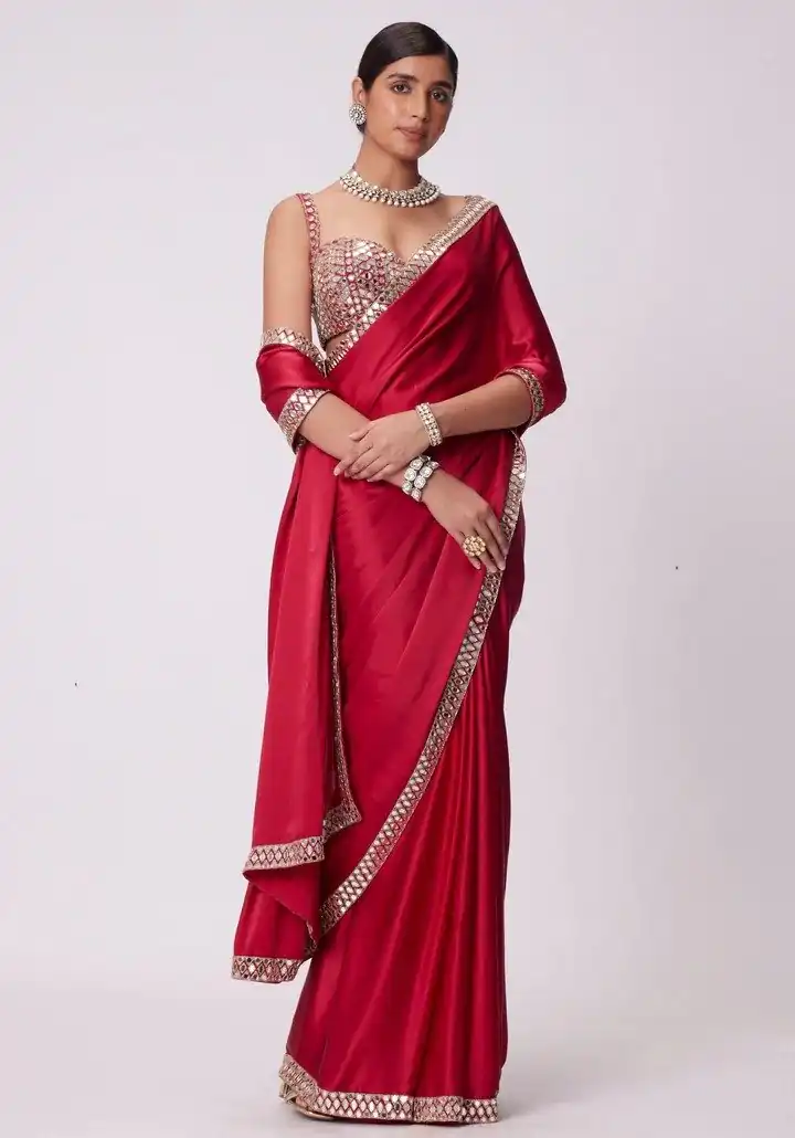 JR 637 Red Rangoli Silk Saree with Mirror Work & Embroidery Work. Exclusive Offer ₹1799. Delivery 4-6 Working Days. Shop now. | Creative Sarees, Embroidered Sarees, Bollywood Sarees, Designer Sarees, Ethnic Saree, Modern Digital sarees, Party Wear Sarees, Sarees