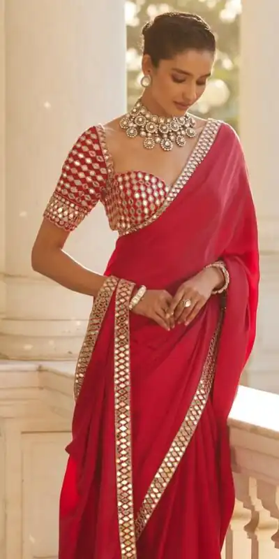 Red Rangoli Silk Mirror Embroidery Work Saree