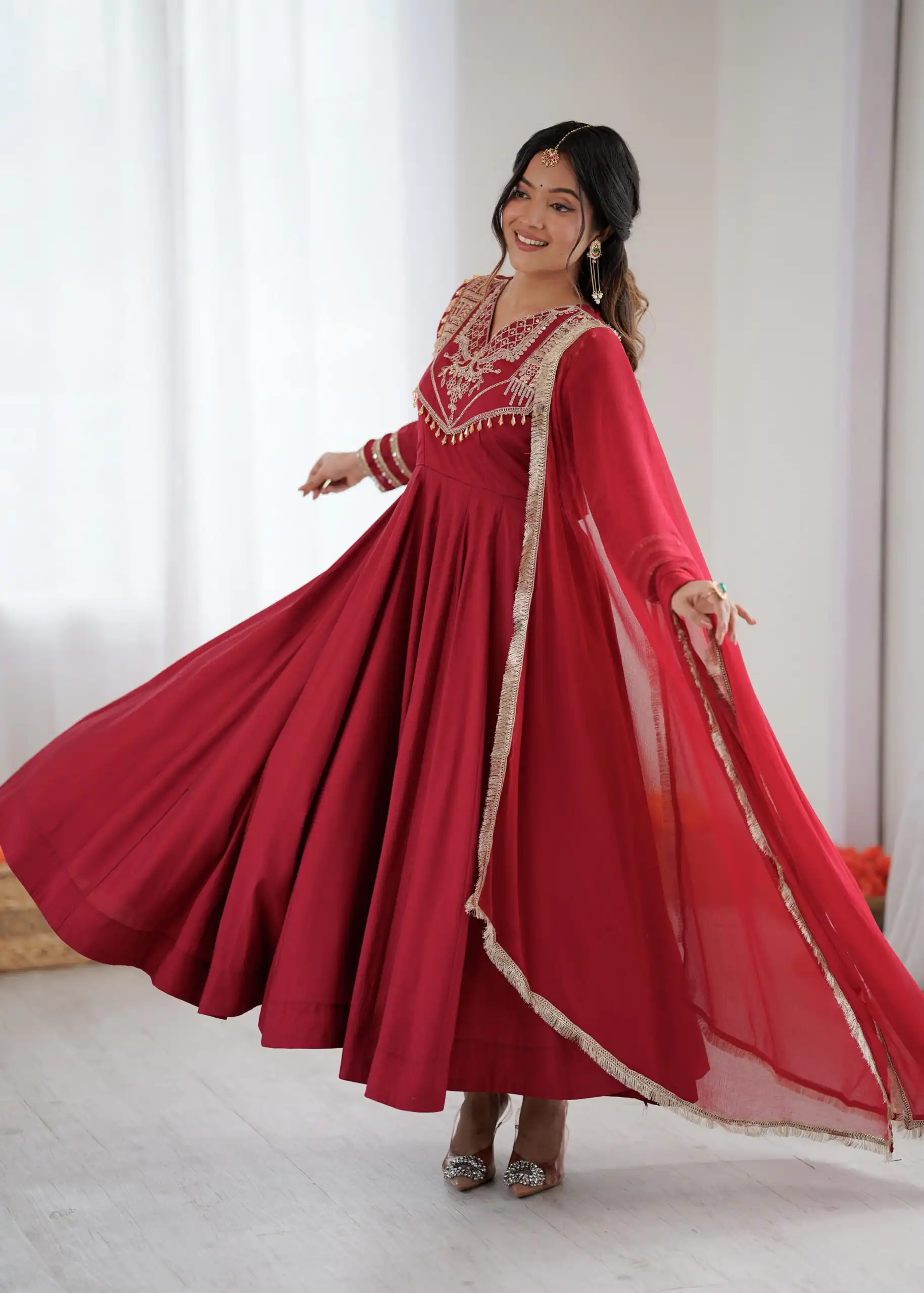ZSR 3149 Red Roman silk Gown Perfect for Wedding, Party, Sangeet, Haldi, Lohri – . Introductory Price ₹2099. Delivery 4-6 Working Days. Shop now. | Bollywood Gowns, Creative Gowns, Designer Gowns, Embroidered Gowns, Gowns, Party Wear Gowns