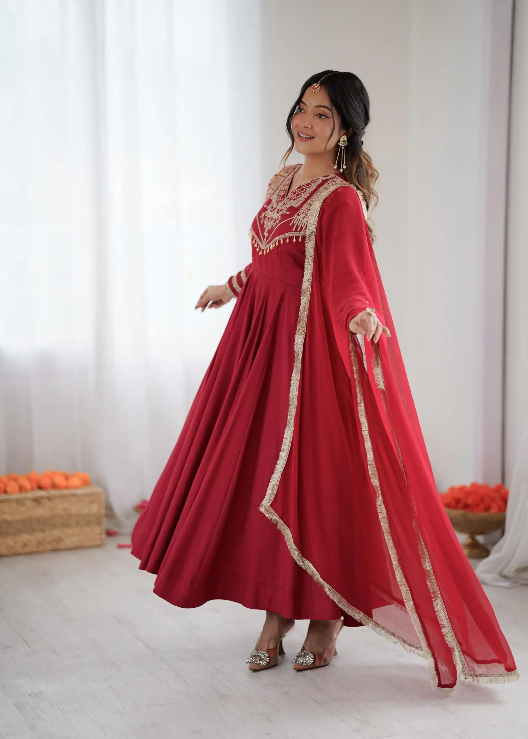 ZSR 3149 Red Roman silk Gown Perfect for Wedding, Party, Sangeet, Haldi, Lohri – . Introductory Price ₹2099. Delivery 4-6 Working Days. Shop now. | Bollywood Gowns, Creative Gowns, Designer Gowns, Embroidered Gowns, Gowns, Party Wear Gowns
