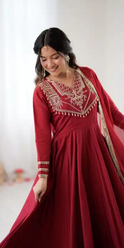 ZSR 3149 Red Roman silk Gown Perfect for Wedding, Party, Sangeet, Haldi, Lohri – . Introductory Price ₹2099. Delivery 4-6 Working Days. Shop now. | Bollywood Gowns, Creative Gowns, Designer Gowns, Embroidered Gowns, Gowns, Party Wear Gowns