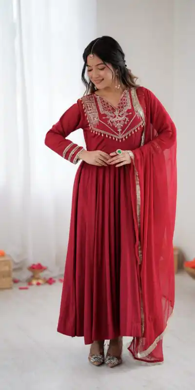 ZSR 3149 Red Roman silk Gown Perfect for Wedding, Party, Sangeet, Haldi, Lohri – . Introductory Price ₹2099. Delivery 4-6 Working Days. Shop now. | Bollywood Gowns, Creative Gowns, Designer Gowns, Embroidered Gowns, Gowns, Party Wear Gowns