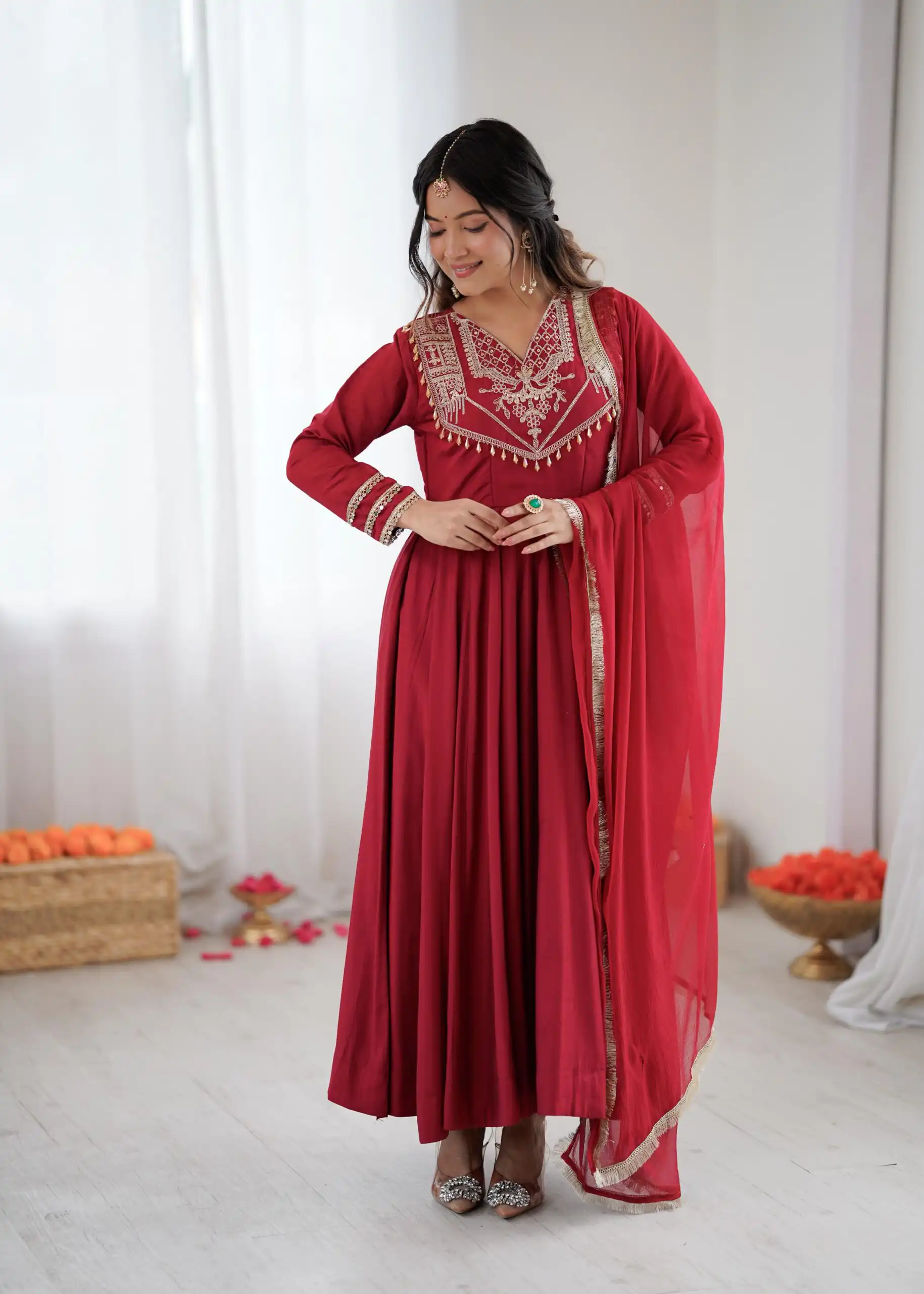 ZSR 3149 Red Roman silk Gown Perfect for Wedding, Party, Sangeet, Haldi, Lohri – . Introductory Price ₹2099. Delivery 4-6 Working Days. Shop now. | Bollywood Gowns, Creative Gowns, Designer Gowns, Embroidered Gowns, Gowns, Party Wear Gowns