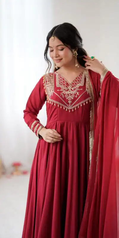 ZSR 3149 Red Roman silk Gown Perfect for Wedding, Party, Sangeet, Haldi, Lohri – . Introductory Price ₹2099. Delivery 4-6 Working Days. Shop now. | Bollywood Gowns, Creative Gowns, Designer Gowns, Embroidered Gowns, Gowns, Party Wear Gowns