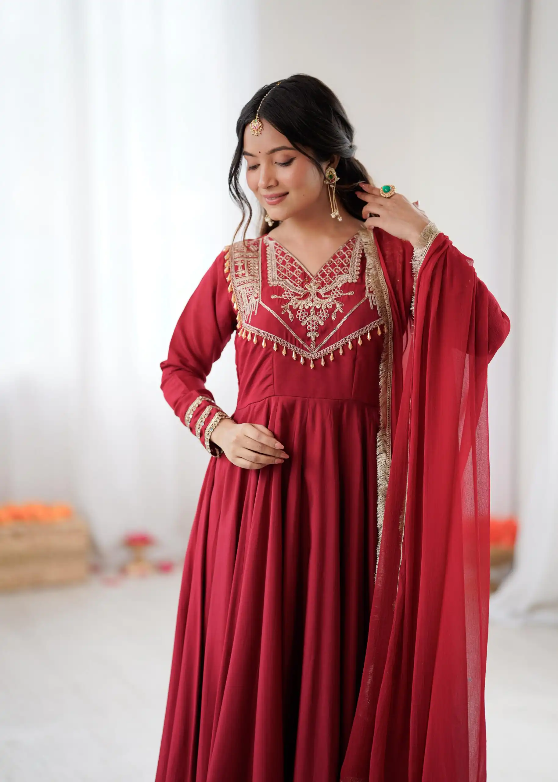 ZSR 3149 Red Roman silk Gown Perfect for Wedding, Party, Sangeet, Haldi, Lohri – . Introductory Price ₹2099. Delivery 4-6 Working Days. Shop now. | Bollywood Gowns, Creative Gowns, Designer Gowns, Embroidered Gowns, Gowns, Party Wear Gowns